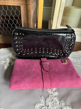 Women's Pink Suede Wallet with Black Studded Clutch Set